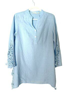Soft Surroundings Light Blue Linen Tunic Lace Split Bell Sleeves & Hem Size S